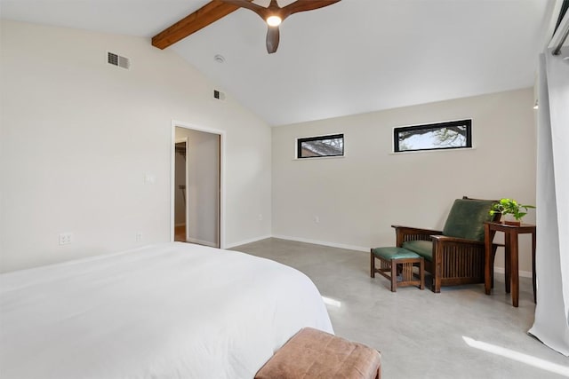 carpeted bedroom featuring lofted ceiling with beams, baseboards, visible vents, and ceiling fan