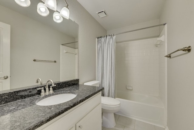 bathroom with visible vents, toilet, tile patterned floors, shower / bath combo with shower curtain, and vanity