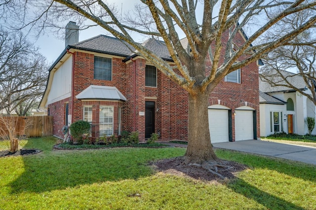 view of front facade featuring an attached garage, brick siding, fence, driveway, and a chimney