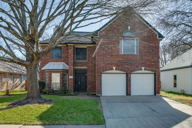 traditional-style home with an attached garage, a chimney, concrete driveway, and brick siding