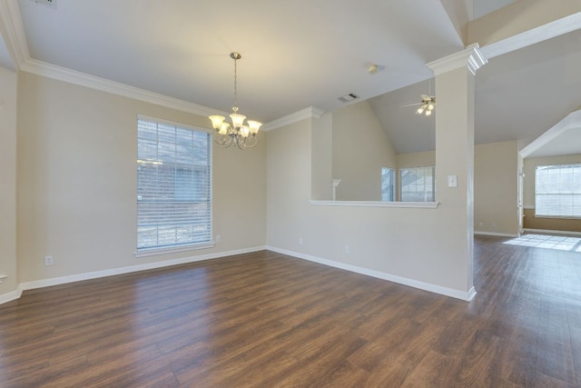 unfurnished room featuring baseboards, visible vents, dark wood-style flooring, and ceiling fan with notable chandelier