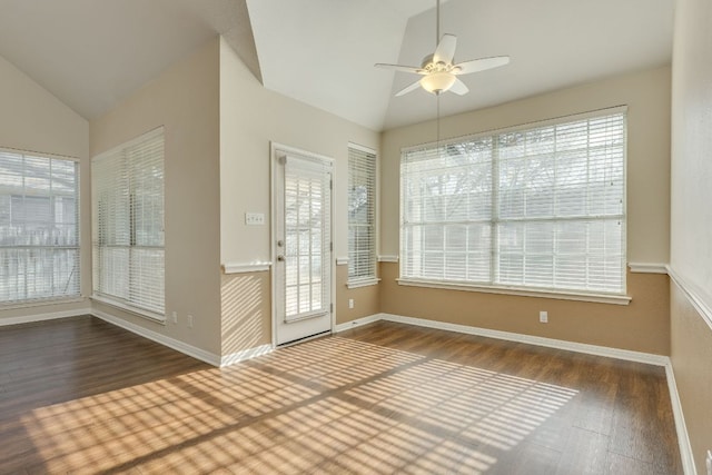 interior space with lofted ceiling and a ceiling fan