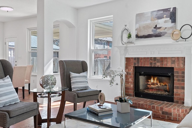 living room featuring wood finished floors and a fireplace