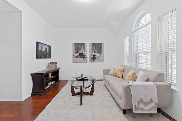 living area featuring baseboards and wood finished floors