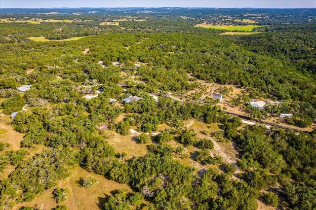 bird's eye view featuring a wooded view