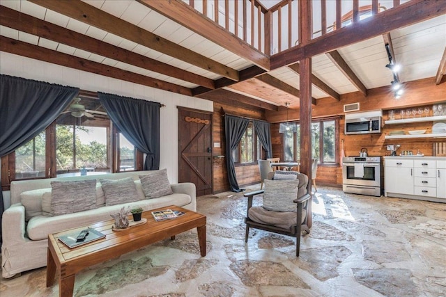 living area featuring plenty of natural light, wood walls, and beamed ceiling