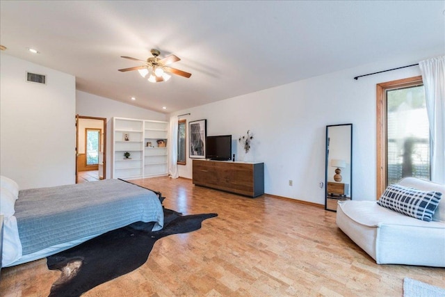 bedroom featuring lofted ceiling, ceiling fan, visible vents, and recessed lighting