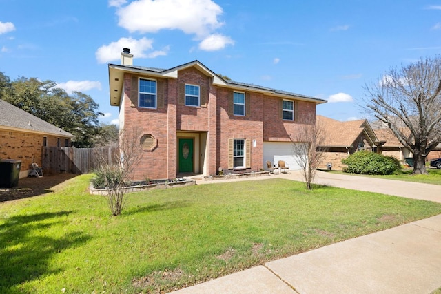 view of front of property with brick siding, an attached garage, fence, a chimney, and driveway