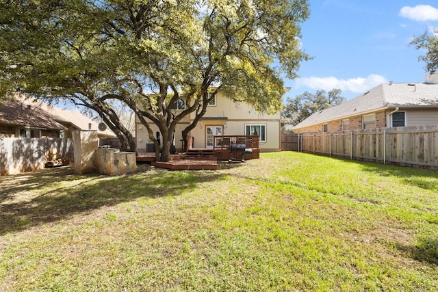 view of yard with a fenced backyard and a deck