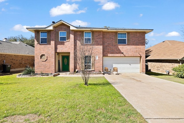 16700 Black Kettle Dr, Leander, TX 78641 - traditional-style house featuring a front lawn, driveway, brick siding, and an attached garage