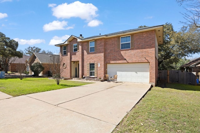 16700 Black Kettle Dr, Leander, TX 78641 - traditional-style home featuring driveway, brick siding, fence, a garage, and a front lawn