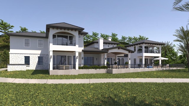 exterior space featuring a balcony, fence, a yard, stone siding, and stucco siding