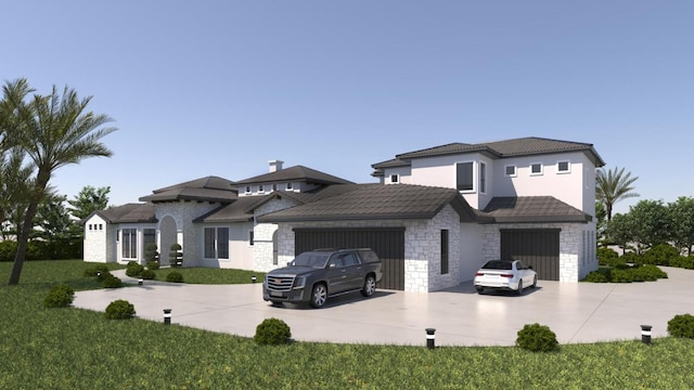 view of front of house with a garage, stone siding, driveway, and a tiled roof