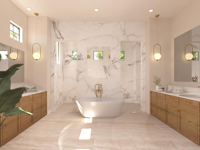 full bath with recessed lighting, a freestanding tub, and vanity