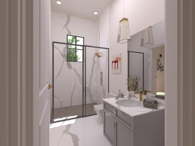 full bath featuring recessed lighting, toilet, vanity, and a marble finish shower