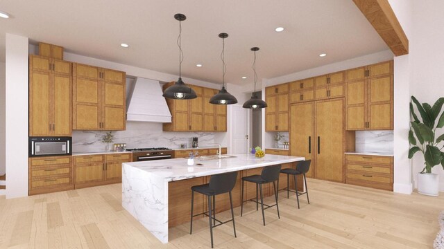 kitchen featuring light wood-style floors, custom exhaust hood, brown cabinetry, and decorative backsplash