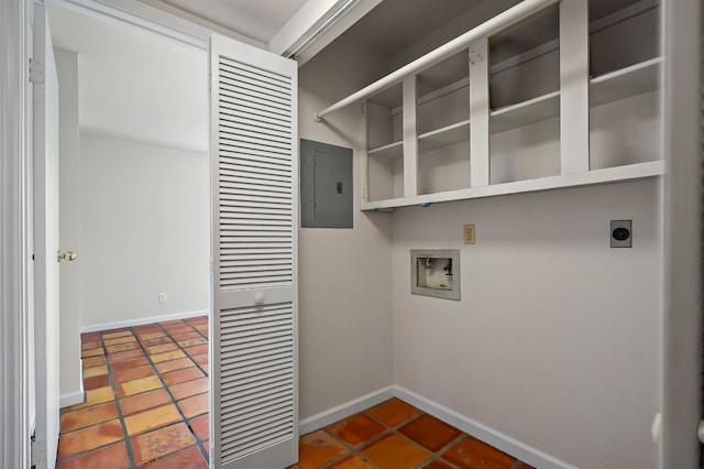 washroom with tile patterned flooring, laundry area, electric panel, and electric dryer hookup