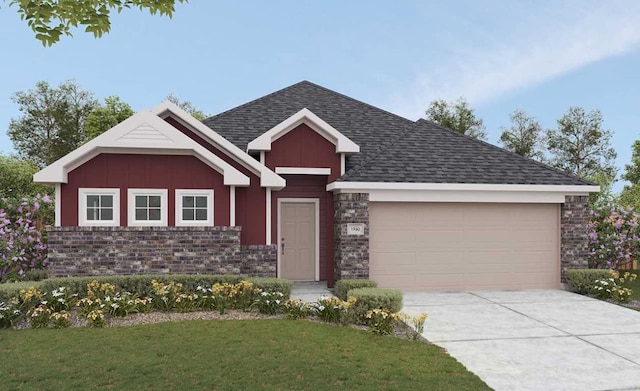 view of front of home featuring an attached garage, a shingled roof, concrete driveway, a front lawn, and board and batten siding