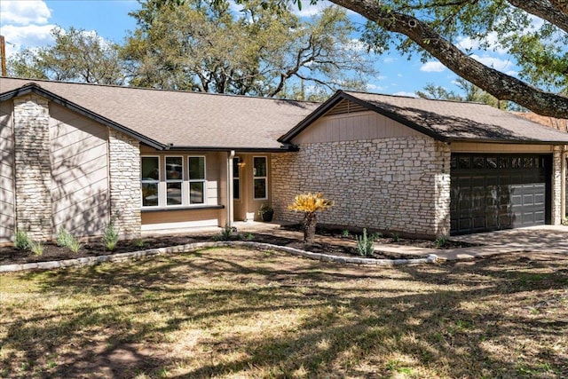 ranch-style house with stone siding, a garage, a front lawn, and a shingled roof