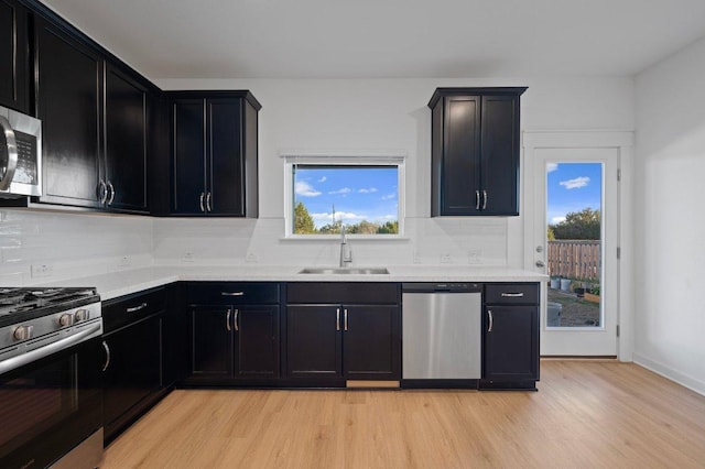 kitchen with stainless steel appliances, dark cabinetry, a sink, and light wood-style flooring