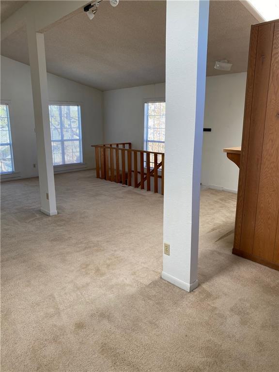 interior space with lofted ceiling, a healthy amount of sunlight, baseboards, and a textured ceiling