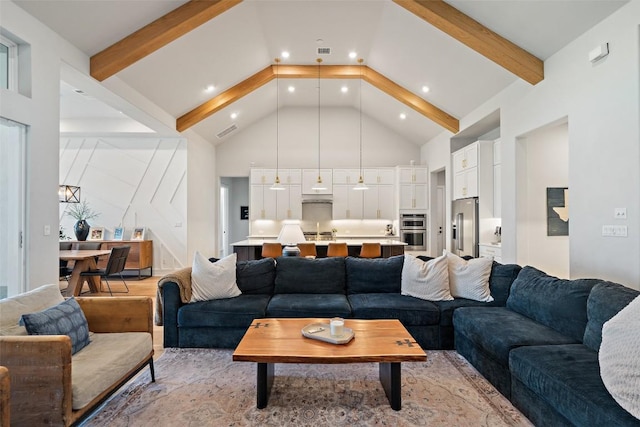 living area featuring high vaulted ceiling, recessed lighting, beam ceiling, and visible vents