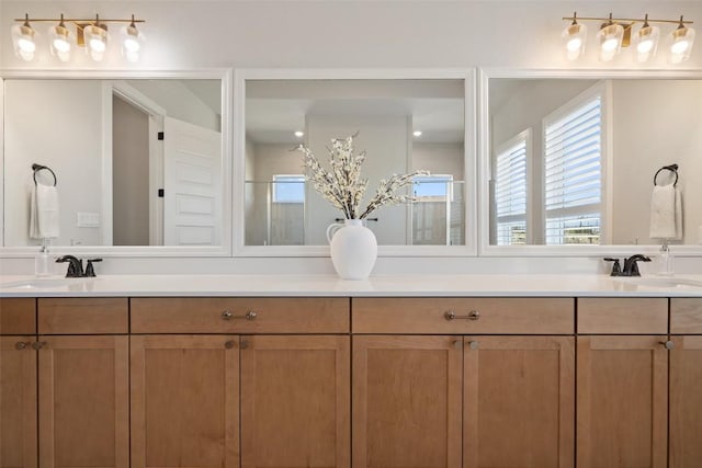 full bathroom featuring double vanity, a sink, and a shower with shower door