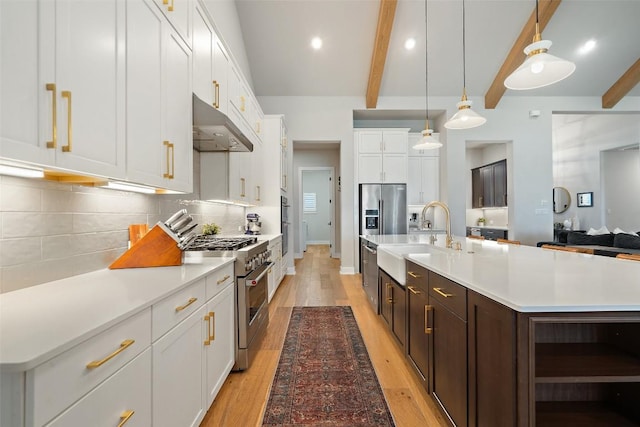 kitchen featuring white cabinets, a sink, stainless steel appliances, under cabinet range hood, and beam ceiling