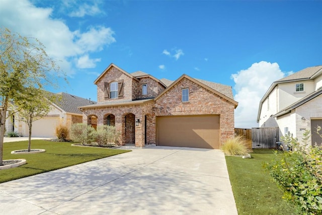 view of front of home featuring a garage, brick siding, concrete driveway, fence, and a front yard