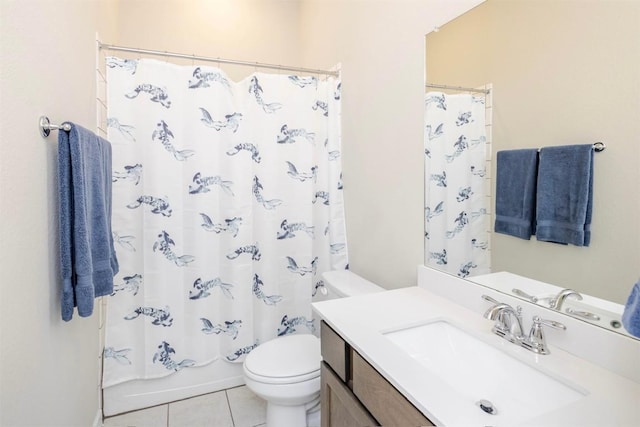 bathroom with toilet, shower / tub combo, tile patterned flooring, and vanity