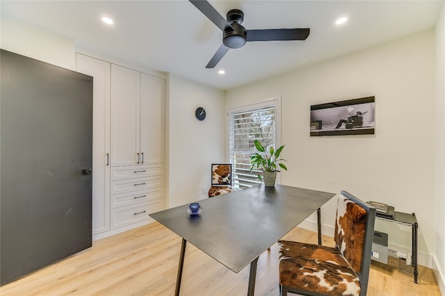 home office featuring a ceiling fan, recessed lighting, and light wood-type flooring