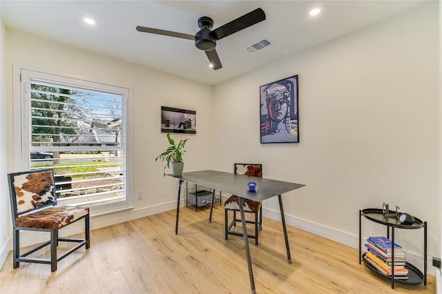 home office with visible vents, baseboards, recessed lighting, wood finished floors, and a ceiling fan