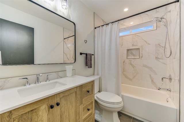 full bathroom featuring shower / bathtub combination with curtain, toilet, and vanity