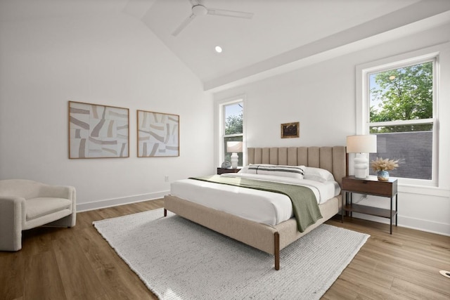 1912 Madison Ave, Austin, TX 78757 - bedroom with high vaulted ceiling, wood finished floors, and ceiling fan