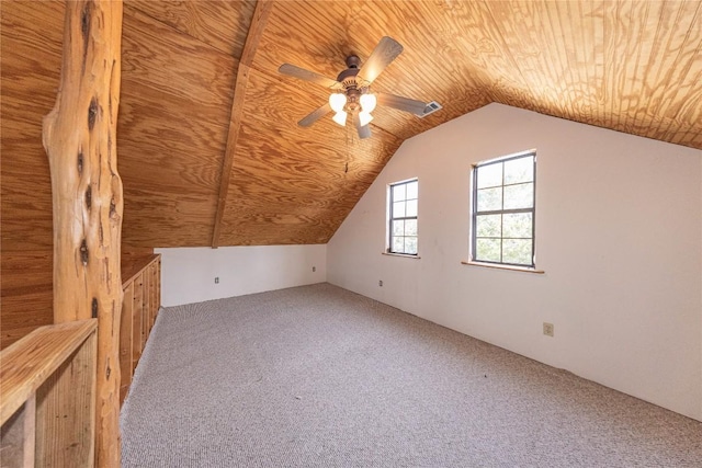 bonus room with wooden ceiling, carpet flooring, visible vents, a ceiling fan, and vaulted ceiling