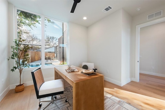 home office featuring baseboards, recessed lighting, visible vents, and light wood-style floors