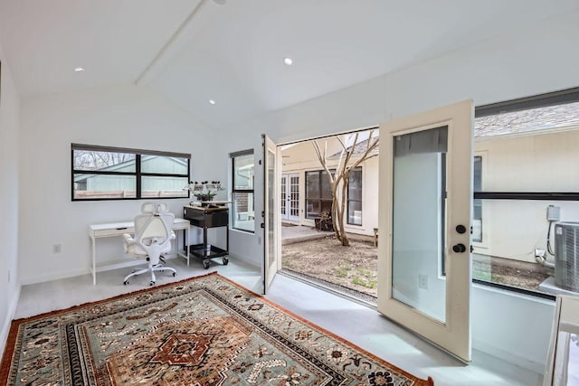 office space featuring recessed lighting, lofted ceiling with beams, and baseboards