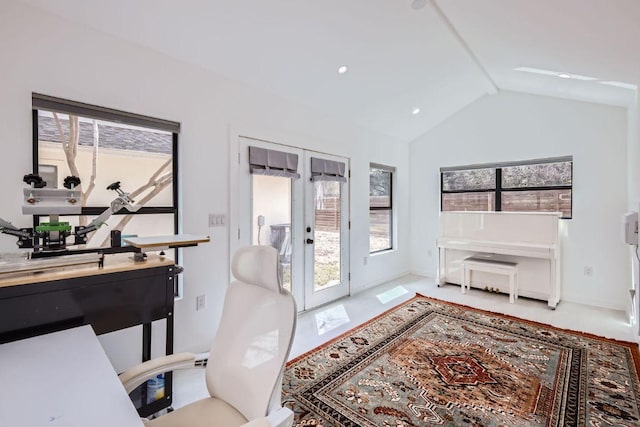 office with lofted ceiling, french doors, and recessed lighting