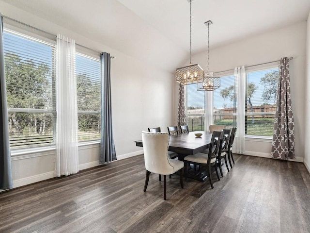 141 Bear Paw Run, Georgetown, TX 78628 - dining room featuring a chandelier, dark wood-style flooring, plenty of natural light, and vaulted ceiling