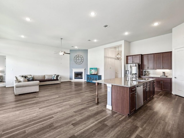 141 Bear Paw Run, Georgetown, TX 78628 - kitchen with appliances with stainless steel finishes, a sink, ceiling fan, open floor plan, and dark wood-style floors