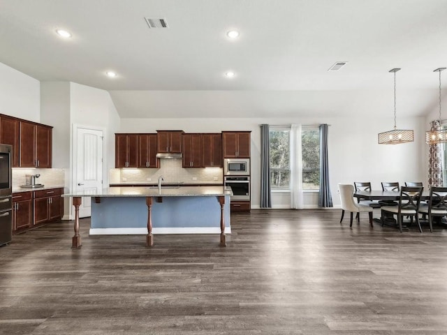 141 Bear Paw Run, Georgetown, TX 78628 - kitchen with stainless steel appliances, a breakfast bar, vaulted ceiling, dark wood-style floors, and tasteful backsplash