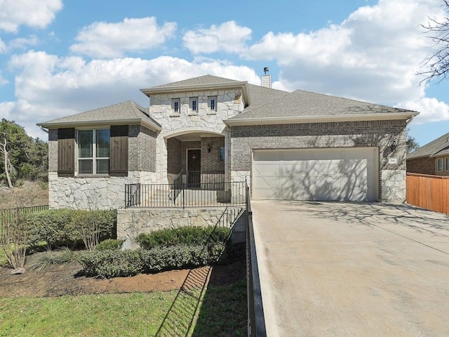 141 Bear Paw Run, Georgetown, TX 78628 - view of front of home with stone siding, concrete driveway, a garage, fence, and roof with shingles