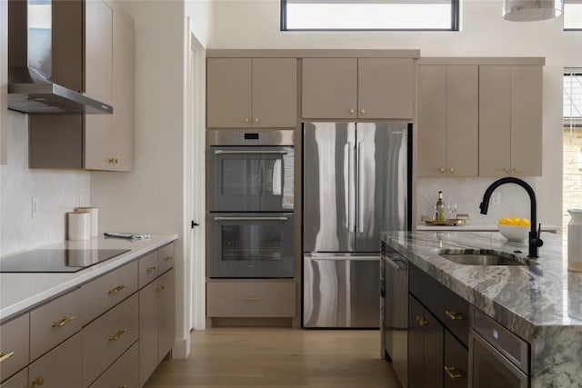 116 Azalea Loop, Horseshoe Bay, TX 78657 - kitchen featuring appliances with stainless steel finishes, wall chimney exhaust hood, a sink, light wood-style flooring, and backsplash