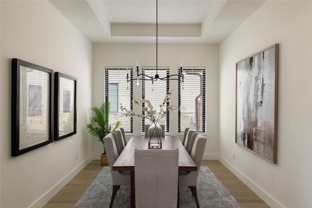 116 Azalea Loop, Horseshoe Bay, TX 78657 - dining space with a raised ceiling, wood finished floors, and baseboards