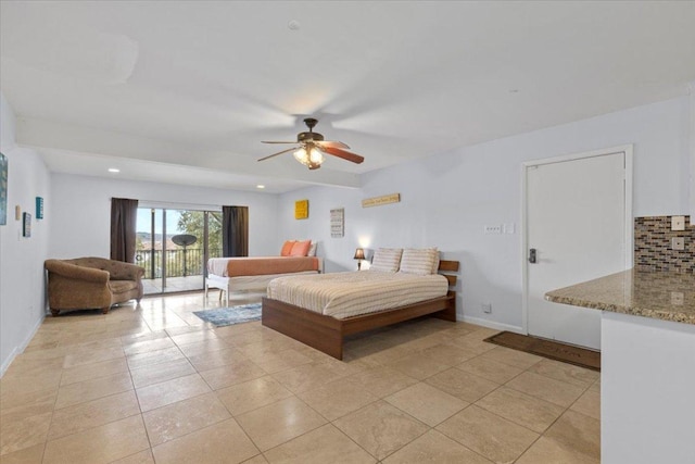 bedroom with access to exterior, light tile patterned floors, recessed lighting, a ceiling fan, and baseboards