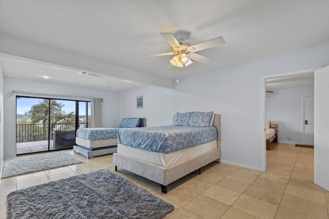 bedroom featuring access to outside, baseboards, a ceiling fan, and light tile patterned flooring