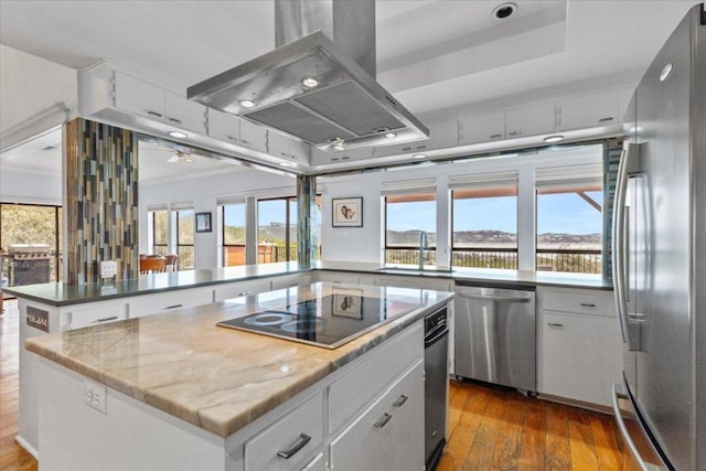 kitchen featuring hardwood / wood-style flooring, appliances with stainless steel finishes, island exhaust hood, crown molding, and a sink