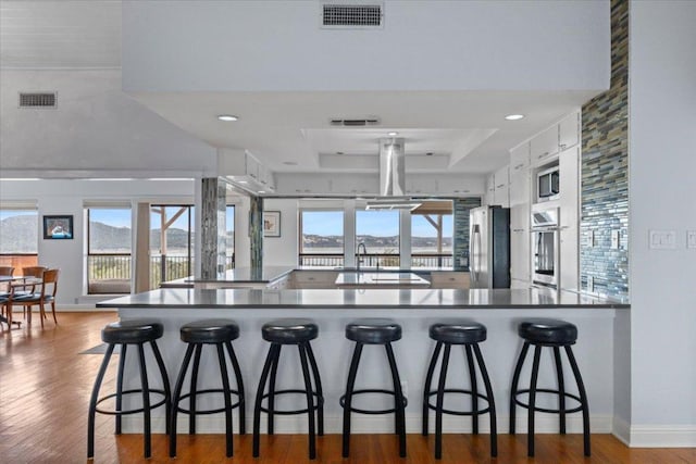 kitchen featuring dark wood-type flooring, visible vents, white cabinetry, appliances with stainless steel finishes, and dark countertops