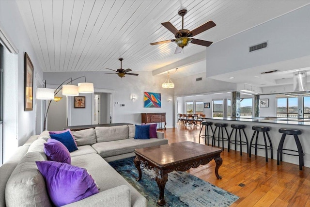 living room featuring wood ceiling, visible vents, vaulted ceiling, and hardwood / wood-style floors