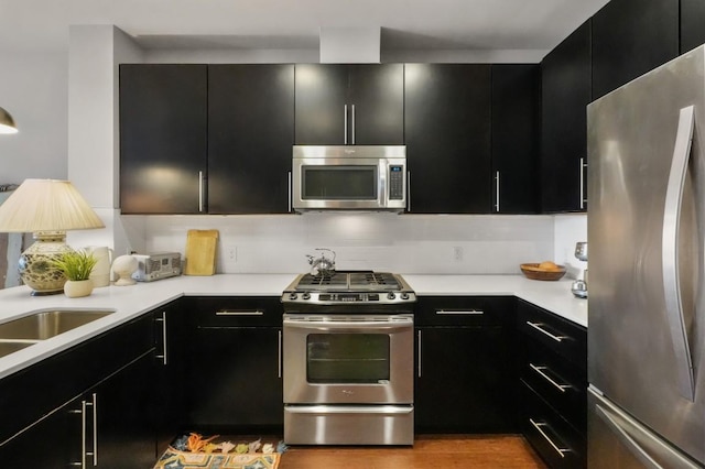 kitchen featuring wood finished floors, stainless steel appliances, dark cabinetry, light countertops, and backsplash